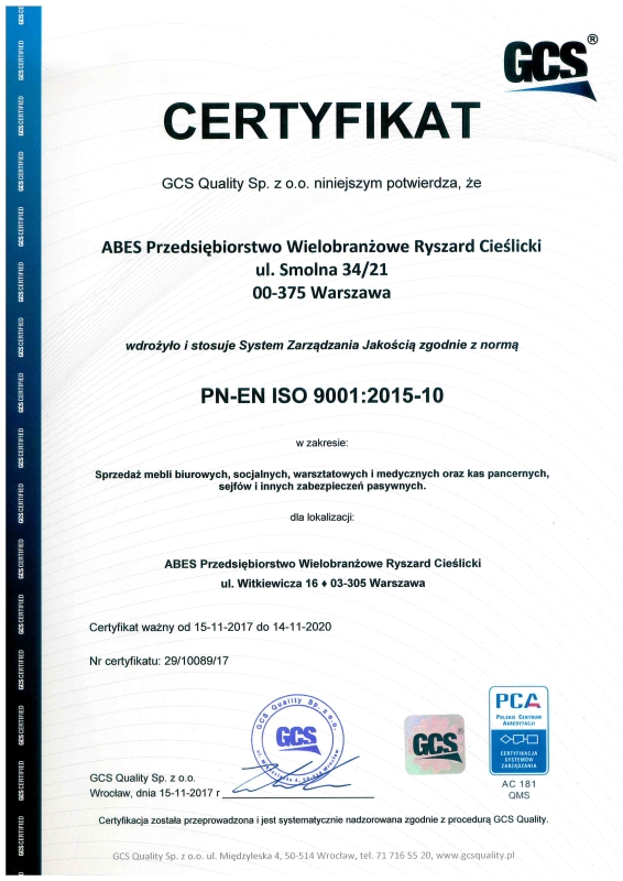 Certyfikat ISO9001 do 2020